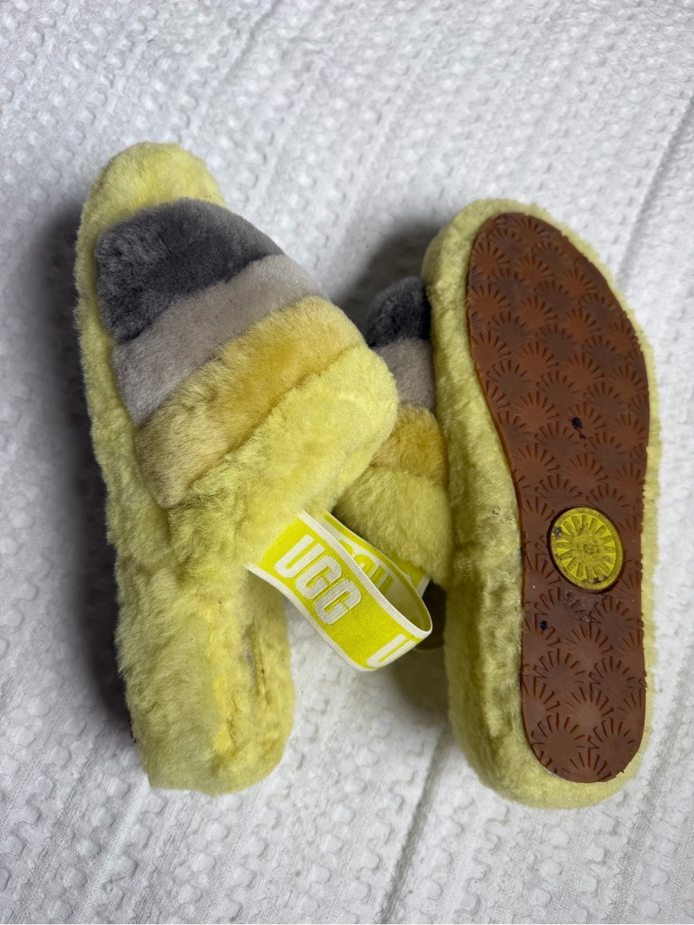 UGG Yellow and Gray Shearling Slide with Branded Elastic Back